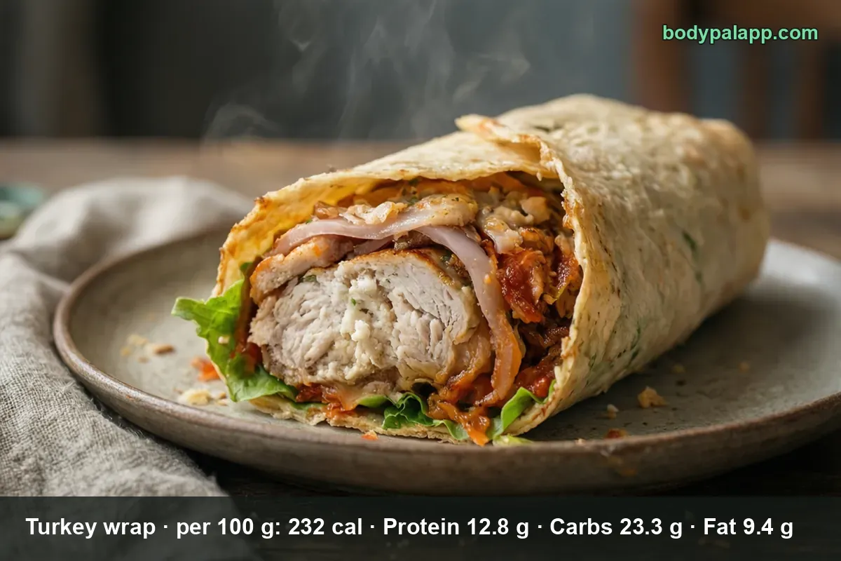 Turkey wrap cut across, showing sliced turkey, ham, lettuce and peppers inside the tortilla, with steam rising.