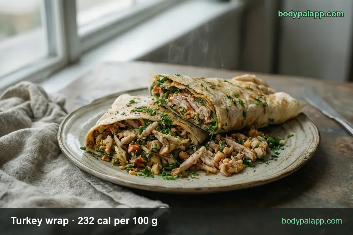 Halved turkey wrap on a grey plate with shredded turkey, herbs and peppers beside it; 1 wrap (135 g) 313 cal, half (67.5 g) 157 cal.