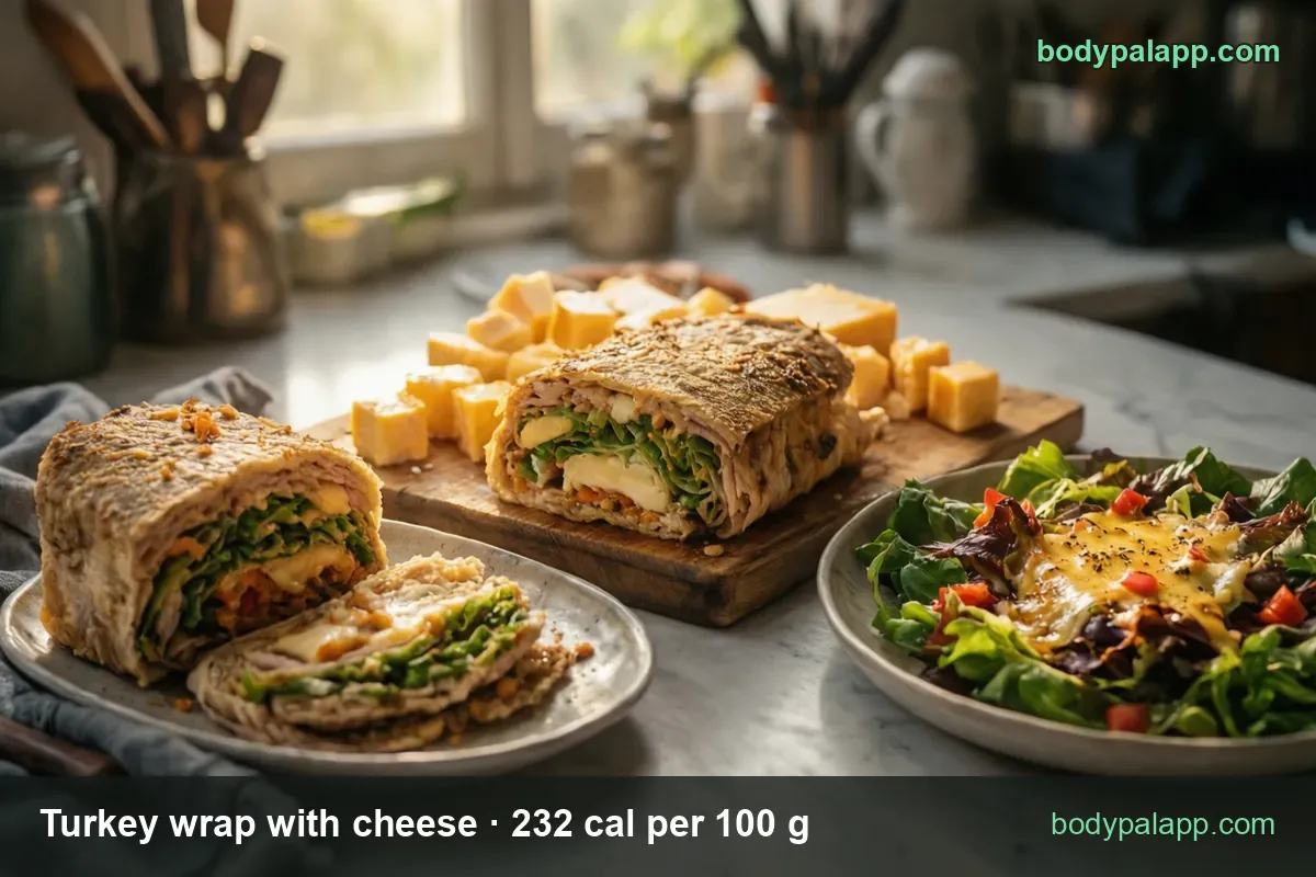 Sliced turkey wrap with cheese on a wooden board with cheese cubes and a green salad bowl, chips 1 wrap 135 g and half wrap 68 g