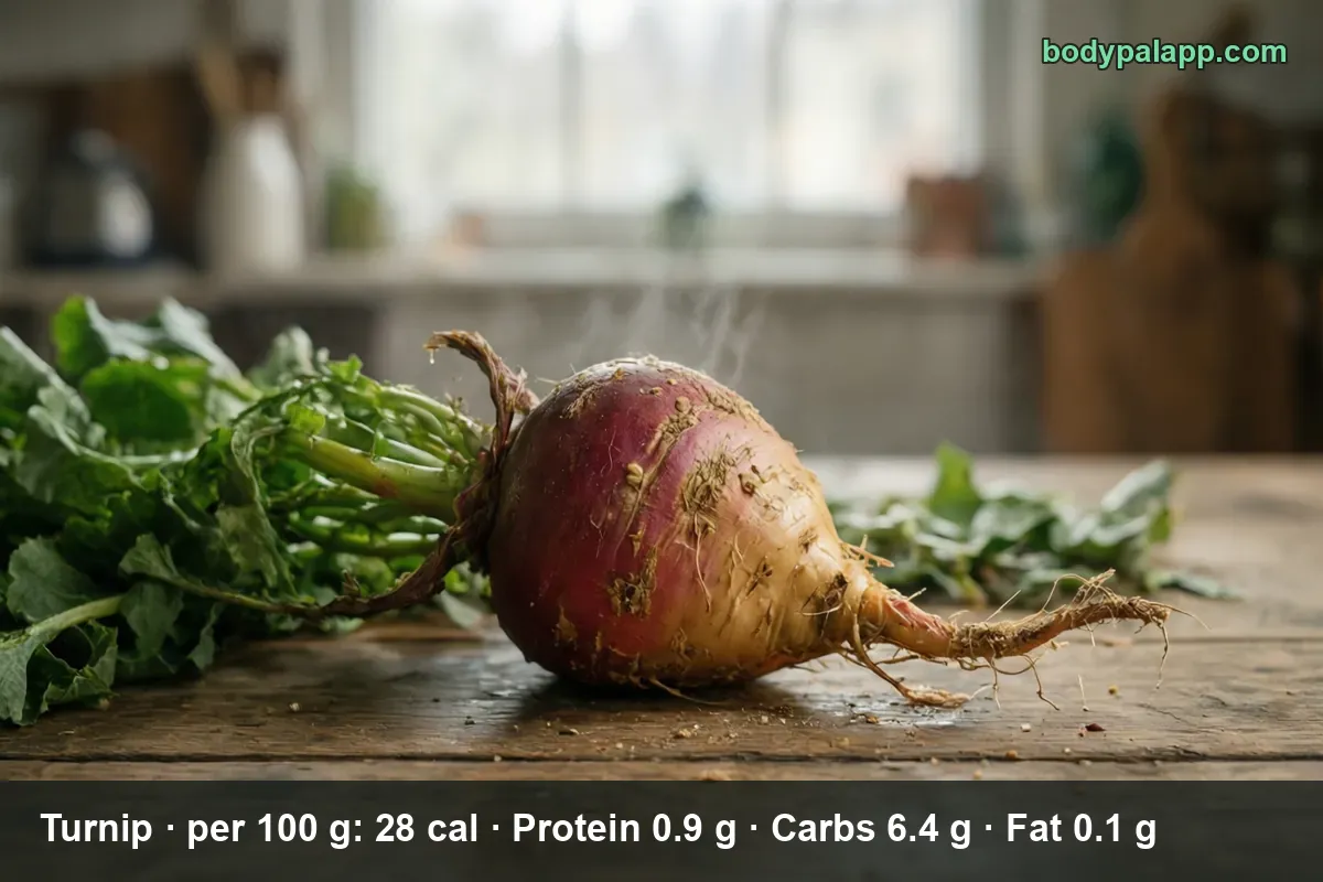 Whole turnip with a purple top and green leaves, steaming