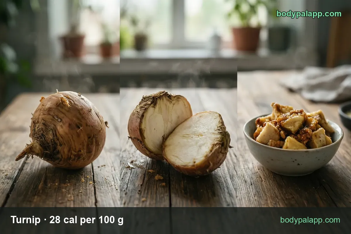 Whole turnip, halved turnip with white flesh and a bowl of roasted cubes; chips 1 medium (122 g) 34 cal and 1 cup cubes (130 g) 36 cal