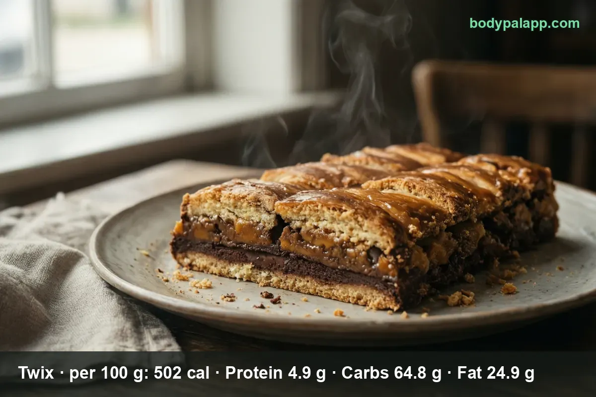 Four square Twix pieces with biscuit base, caramel layer and chocolate underneath, served on a plate