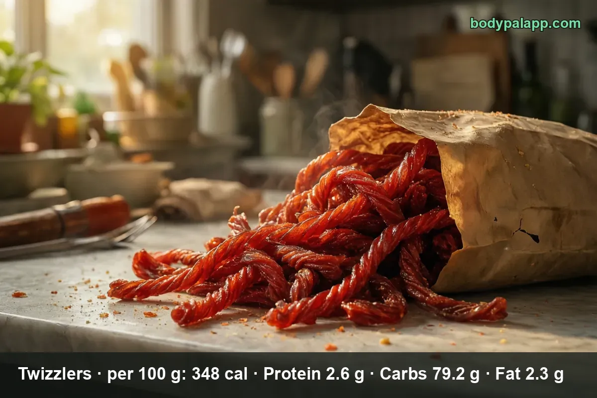 Red twisted Twizzlers licorice sticks spilling out of a plain brown paper bag.