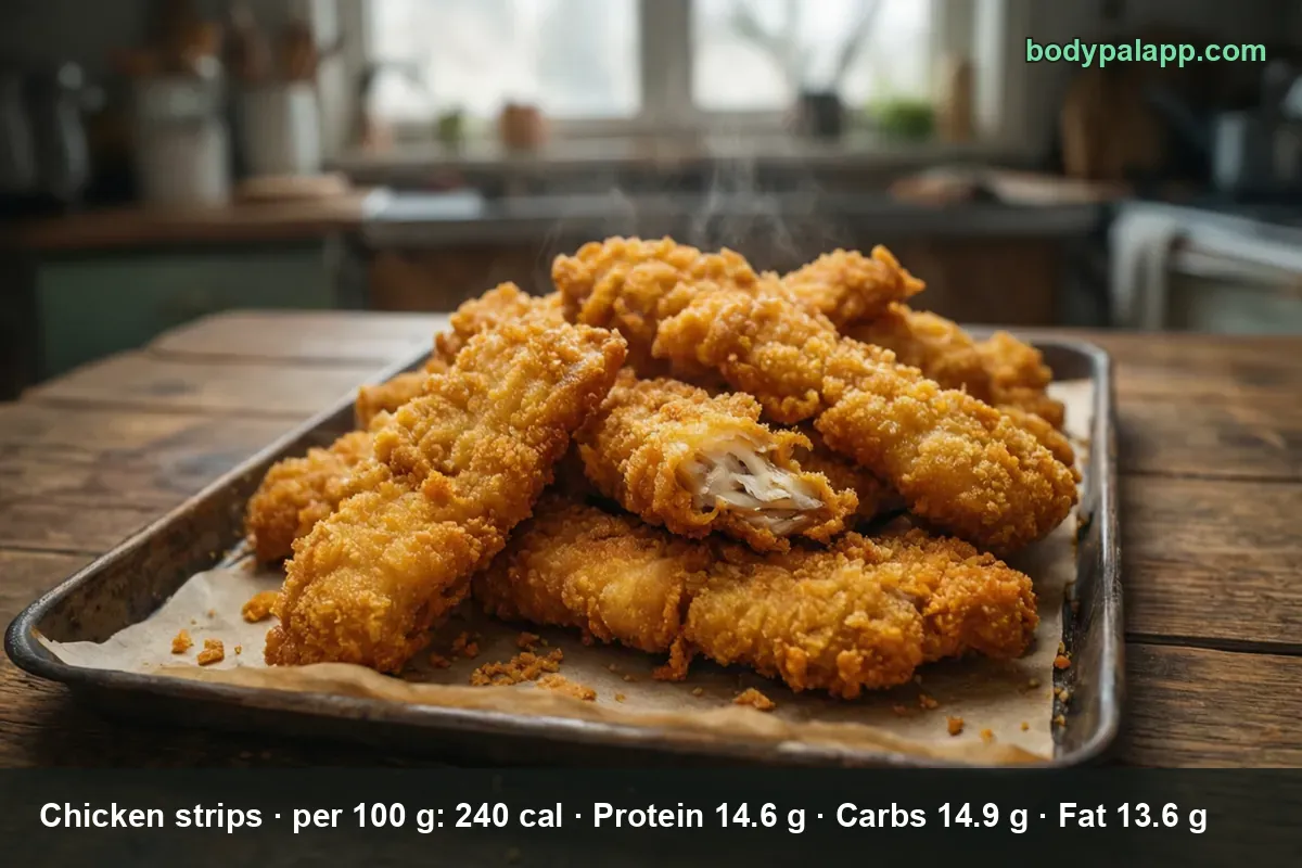 Baked breaded chicken strips on a paper-lined tray, one bitten open showing white meat, steam rising