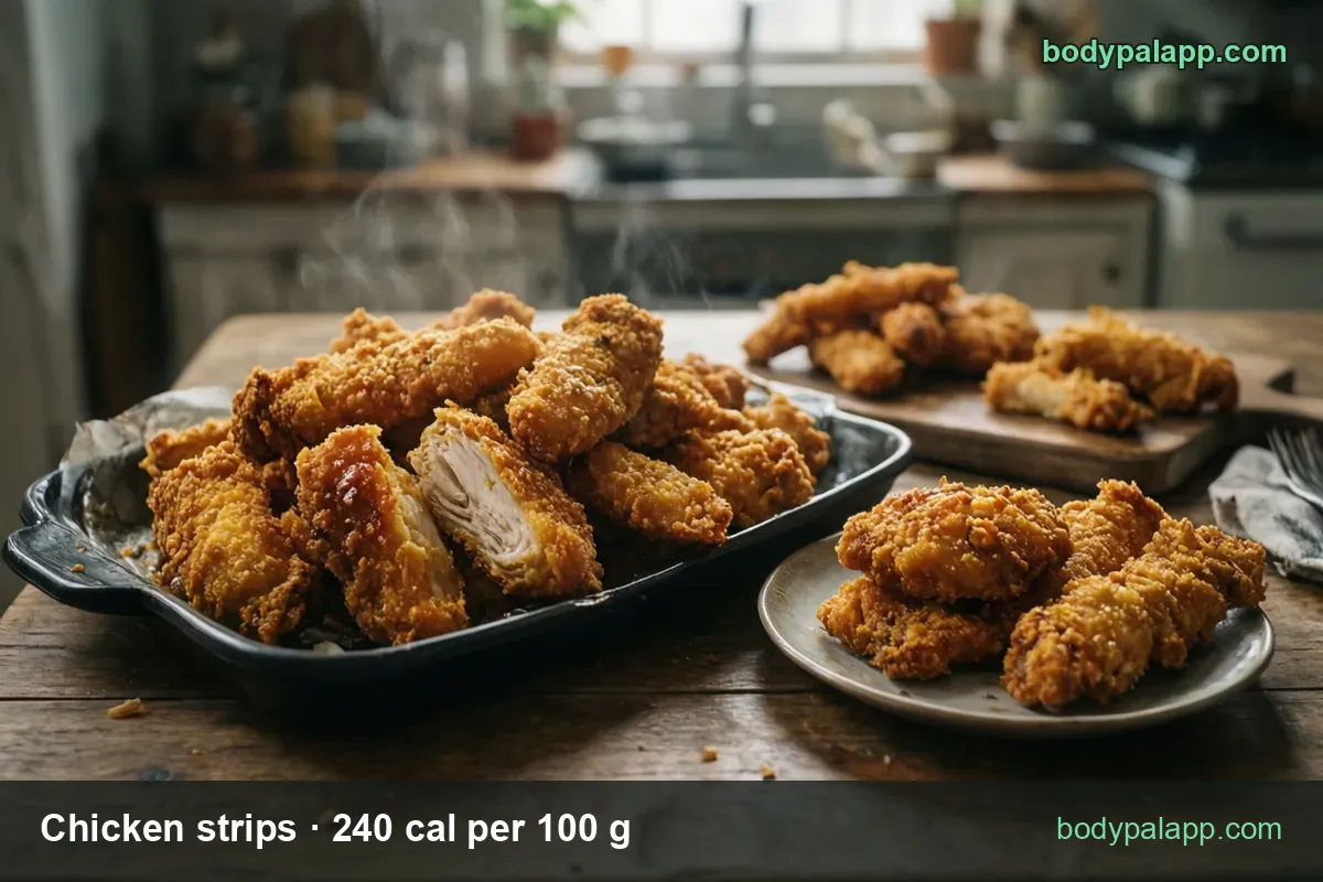 Black tray of about ten breaded chicken strips, one cut open, with a plate of 3 strips (120 g, 288 cal) and 1 strip (40 g, 96 cal)