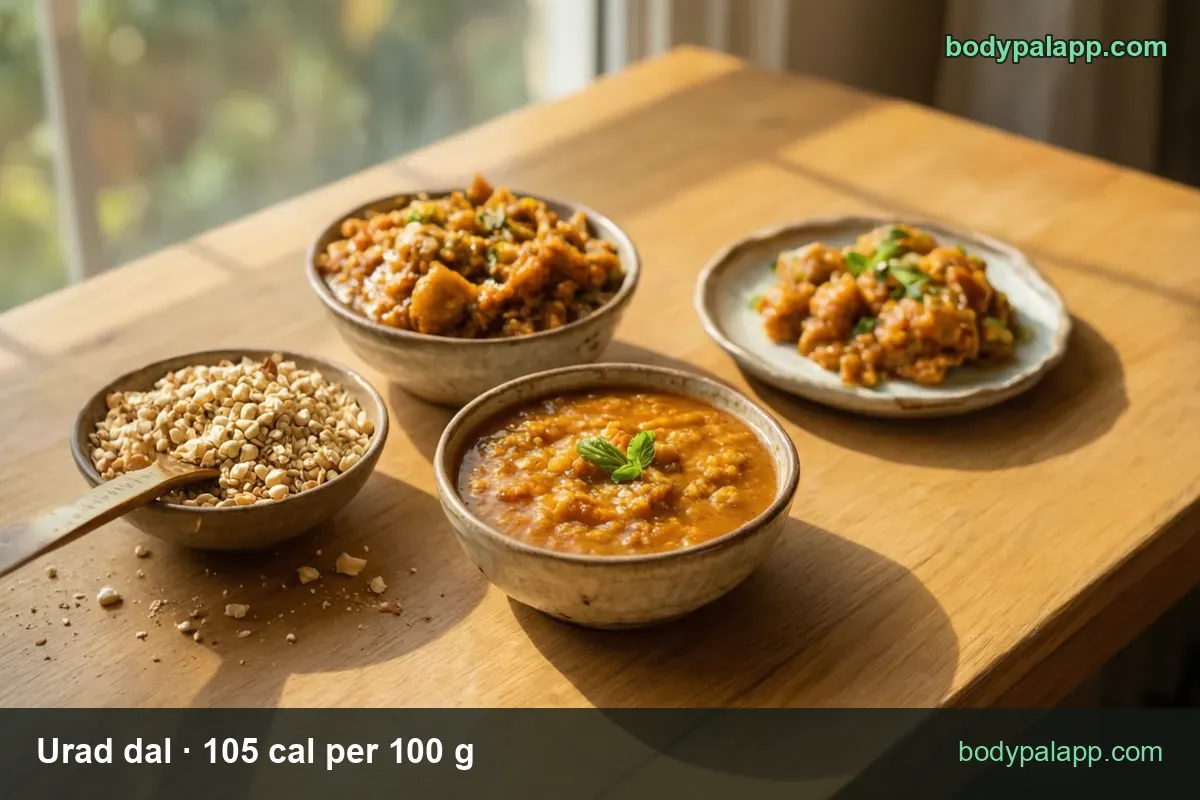 Four urad dishes: dry split dal, orange dal, thick curry and fried vada, with 1 cup (180 g) 189 cal and 1/2 cup (90 g) 95 cal chips