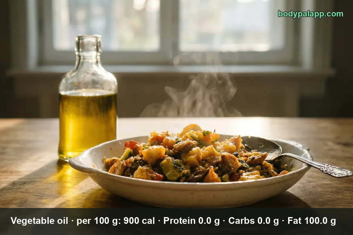 Clear glass bottle of yellow vegetable oil beside a plate of steaming stewed vegetables.