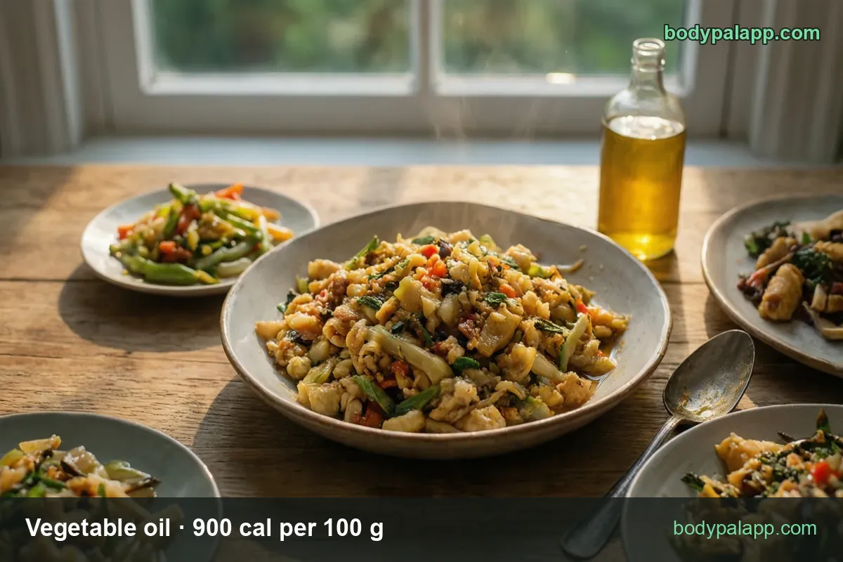 Bottle of vegetable oil behind a bowl of stewed vegetables, with 1 tablespoon (14 g) 126 cal and 1 teaspoon (4.7 g) 42 cal.