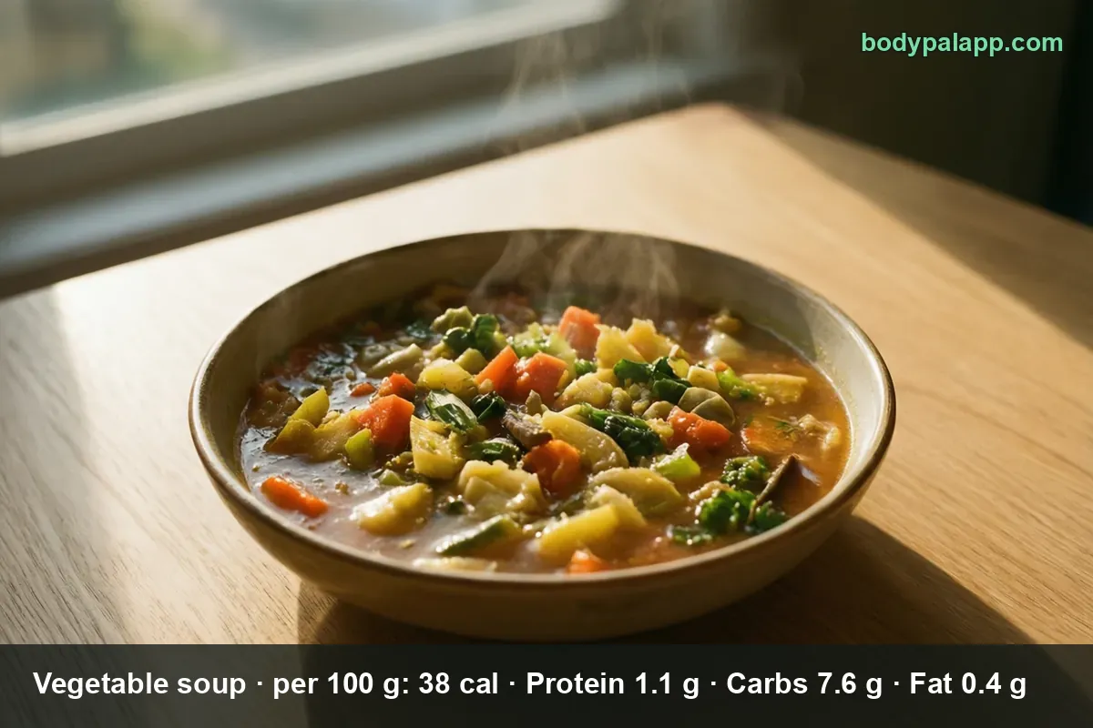 Bowl of clear vegetable soup with carrots, cabbage, celery and green onion in steaming broth