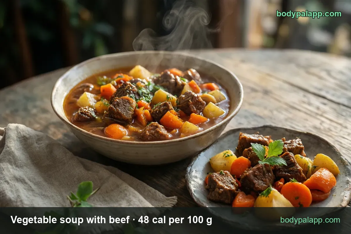 Deep bowl of vegetable beef soup with a small plate of cooked beef, carrot and potato cubes; 1 cup 120 cal and 1 1/2 cups 180 cal