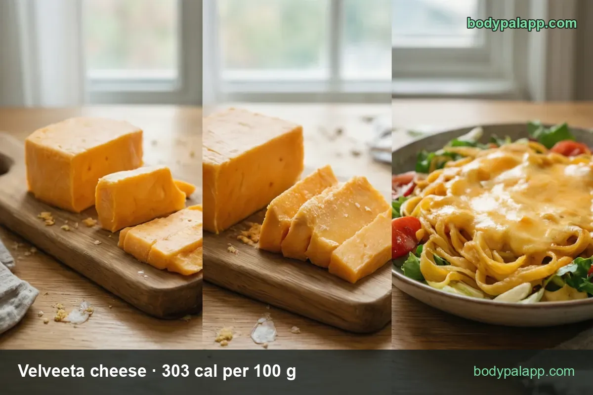 Cheese block with cut slices on a board and pasta with melted cheese; 1 oz slice 85 cal, 2 oz 170 cal