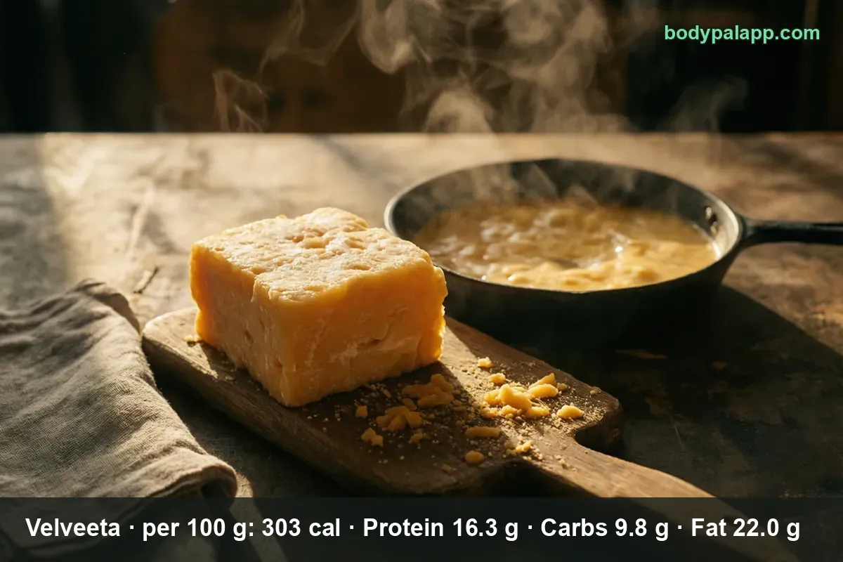 Whole block of orange processed cheese on a wooden board beside a steaming pan of melted cheese sauce