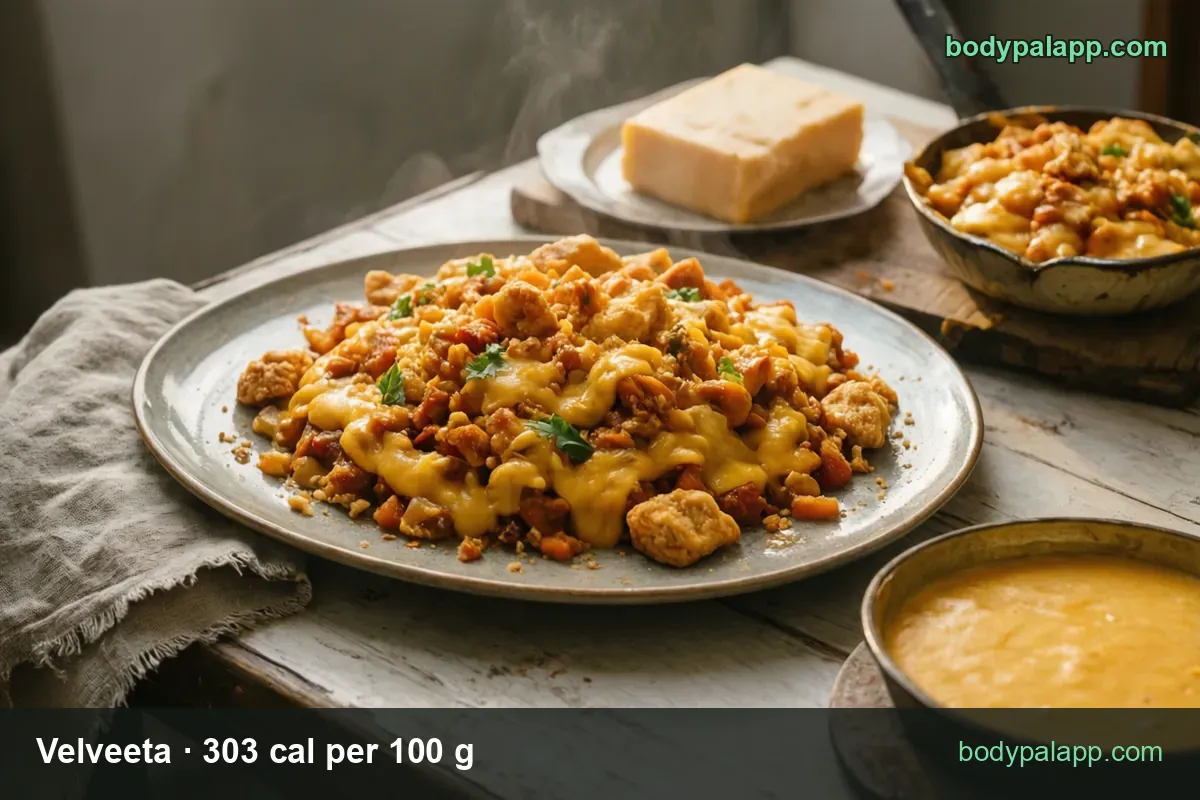 Chicken and vegetable bake under melted orange cheese with a cheese block and a bowl of warm cheese sauce; 1 oz 85 cal, 4 oz 342 cal