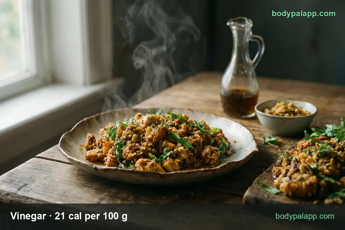Glass carafe of brown vinegar behind a plate of grain stew with chicken and greens, with 1 tbsp and 1 cup labels.