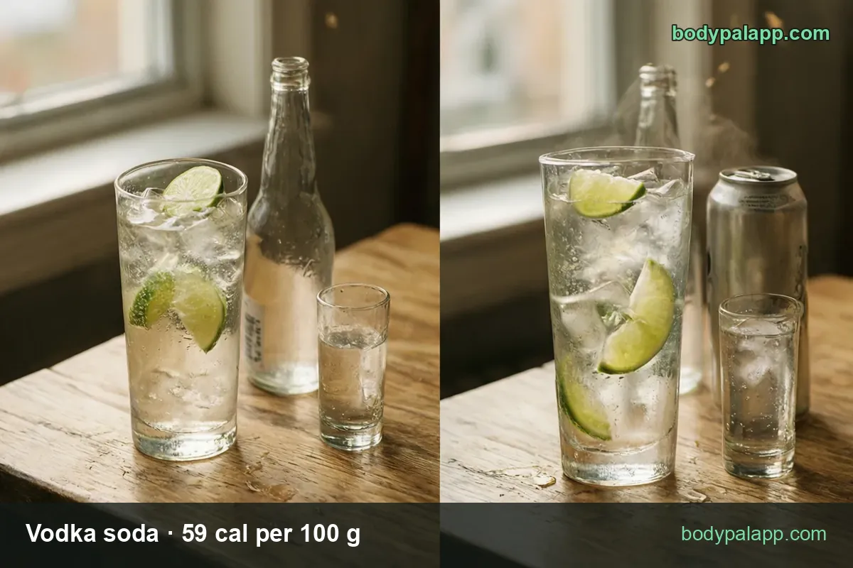 Vodka soda with an unlabeled can, two serving chips: 1 drink 225 g 133 cal and 12 fl oz 360 g 212 cal