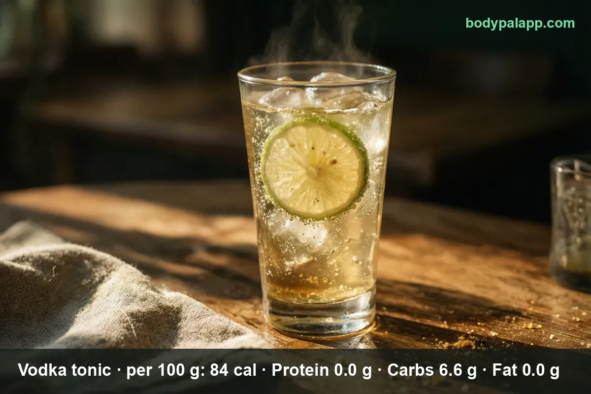 Tall highball glass of vodka tonic with ice, a lime wedge and rising bubbles.