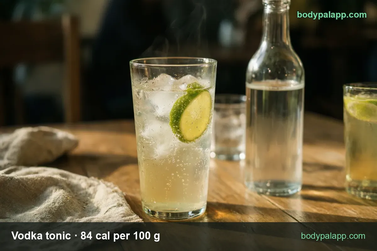 Vodka tonic with ice and lime, unlabeled vodka bottle and two glasses behind: 1 drink (225 g) 189 cal, 12 fl oz (360 g) 302 cal.