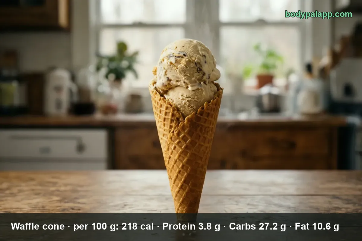 Waffle cone holding two scoops of vanilla ice cream flecked with pieces