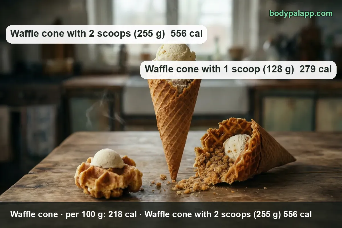 Standing waffle cone with two scoops at 556 cal and a second waffle cone with one scoop at 279 cal beside scattered crumbs