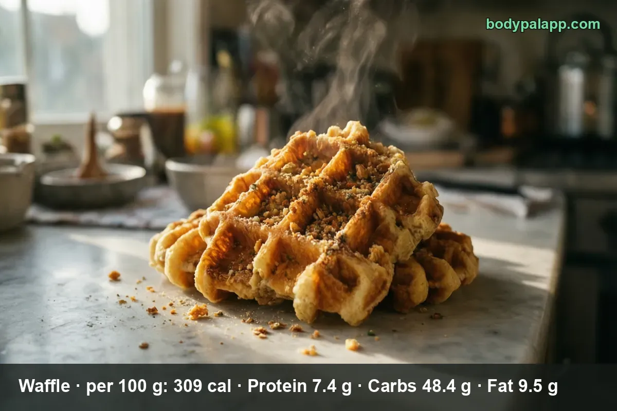 Stack of four thick Belgian waffles with crumbs and a dusting on top, steam rising