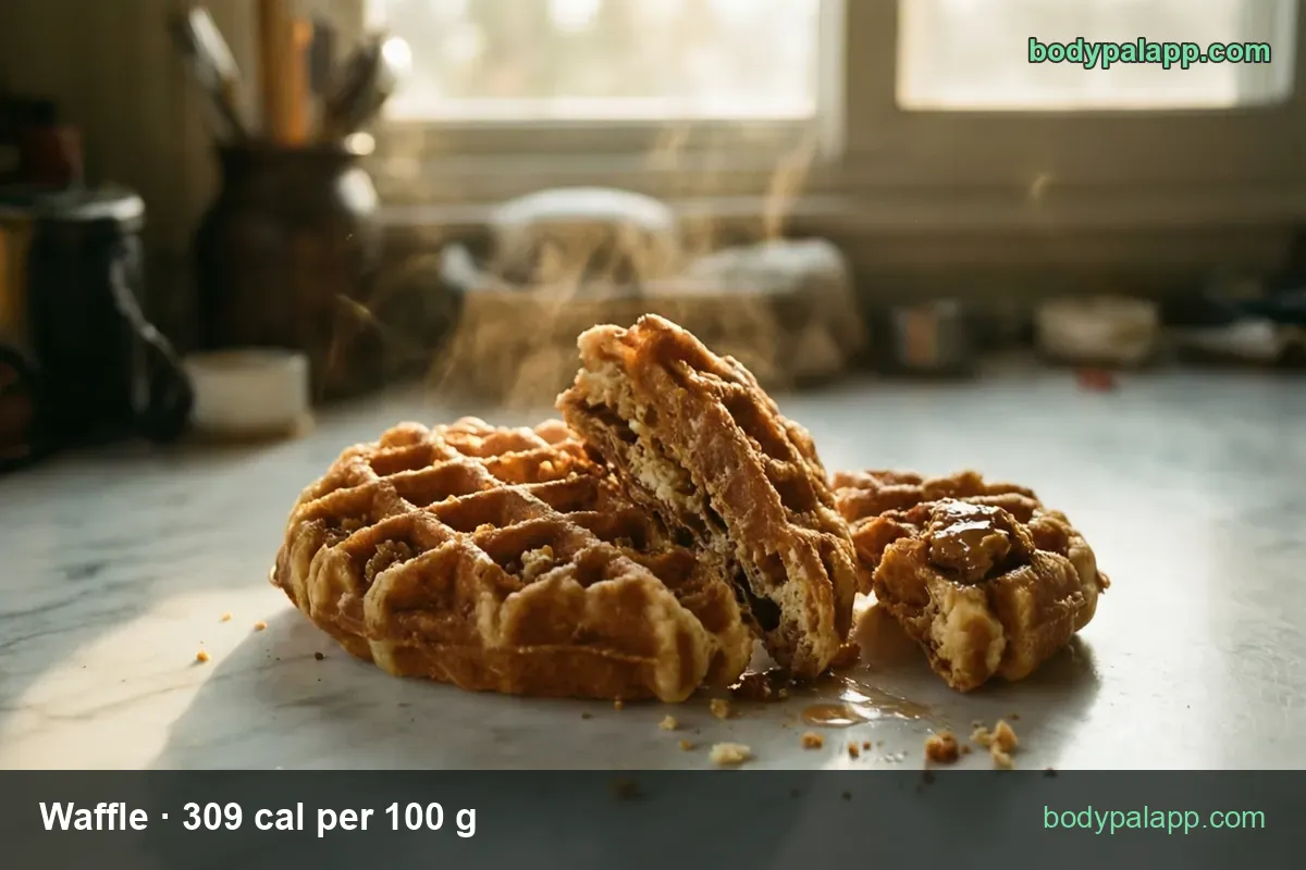 Whole round waffle, a half waffle on edge showing the layered inside and a syrup-topped piece; 1 medium waffle 75 g and 1 Belgian waffle 135 g