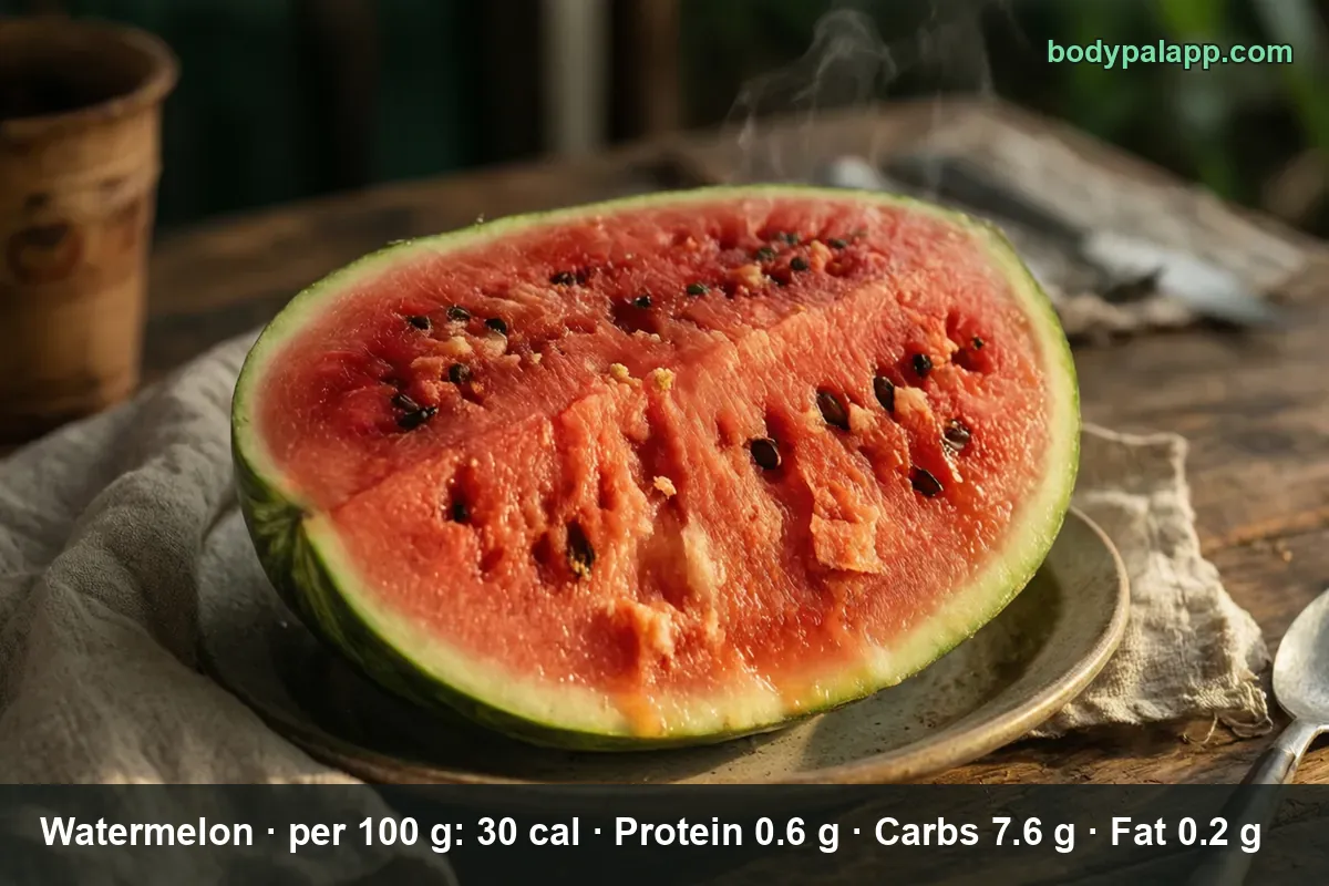 Large quarter wedge of watermelon with black seeds on a ceramic plate, steam rising