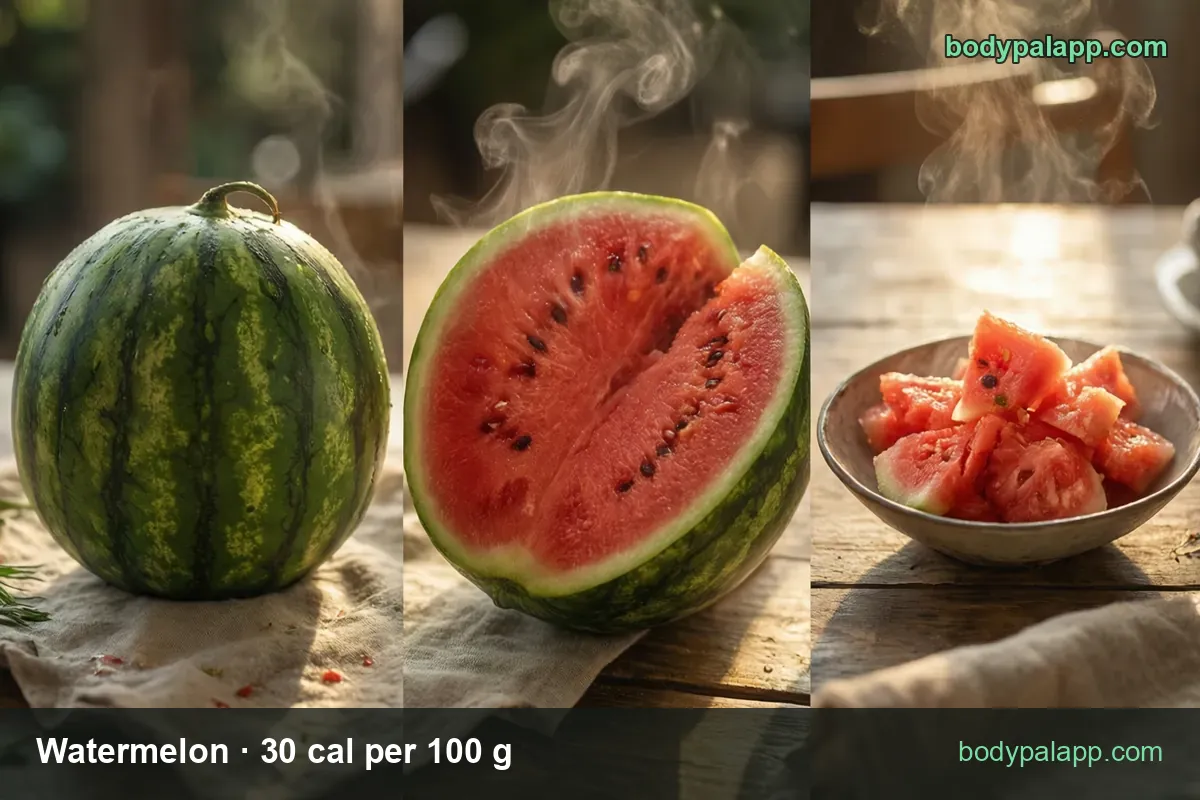 Three panels: whole watermelon on a cloth, halved melon with a cut wedge, bowl of cubes; wedge 286 g 86 cal, cup diced 152 g 46 cal