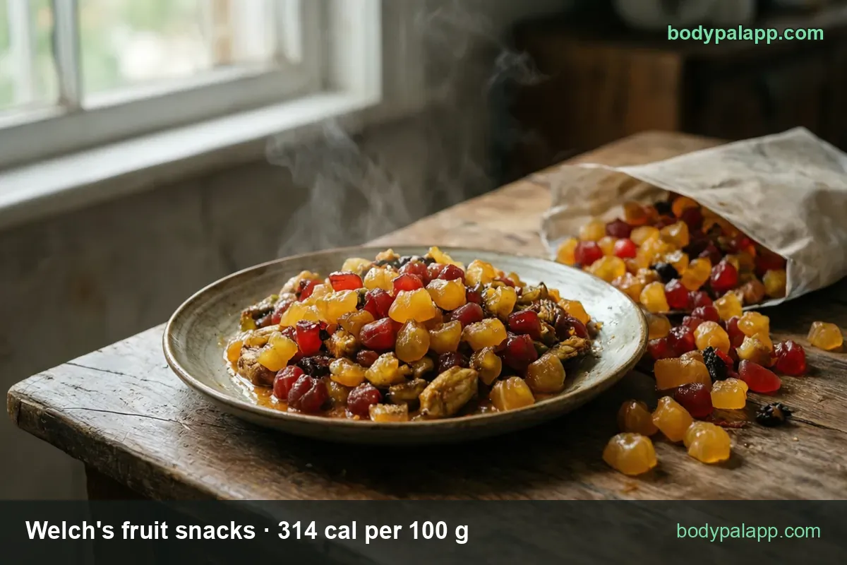 Plate heaped with red and yellow jelly fruit snacks, paper pouch behind; 1 pouch 25.5 g 80 cal, 2 pouches 51 g 160 cal