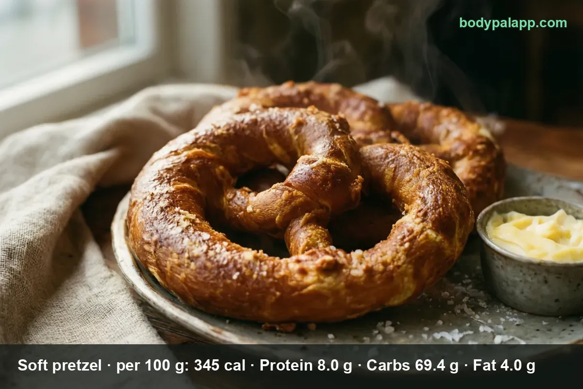 Two large salted soft pretzels on a ceramic plate with a bowl of cheese sauce, steam rising