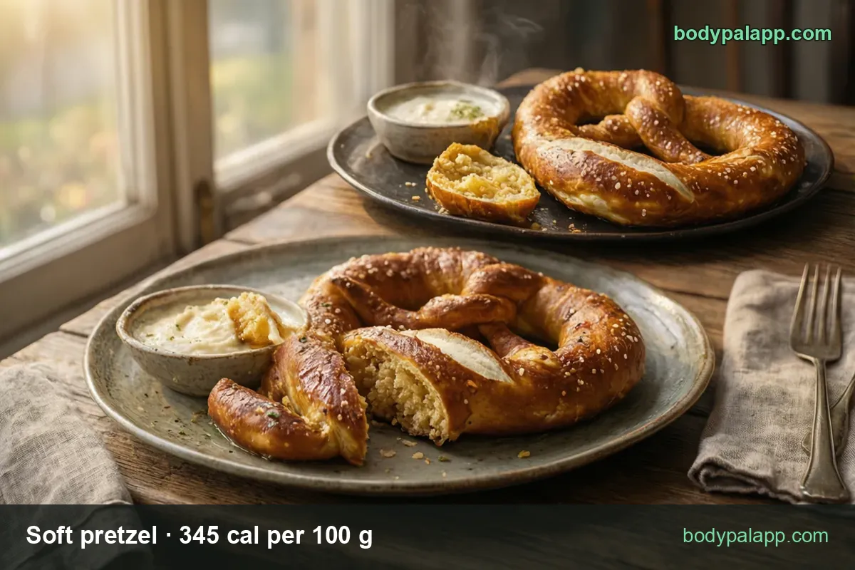 Two plates of soft pretzels with a cut piece and cheese sauce; 1 medium pretzel 120 g 414 cal, 1 large 143 g 493 cal