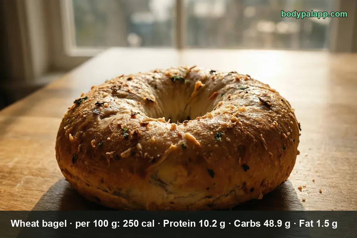 Close-up of a whole bagel topped with baked onion, cheese and green herbs