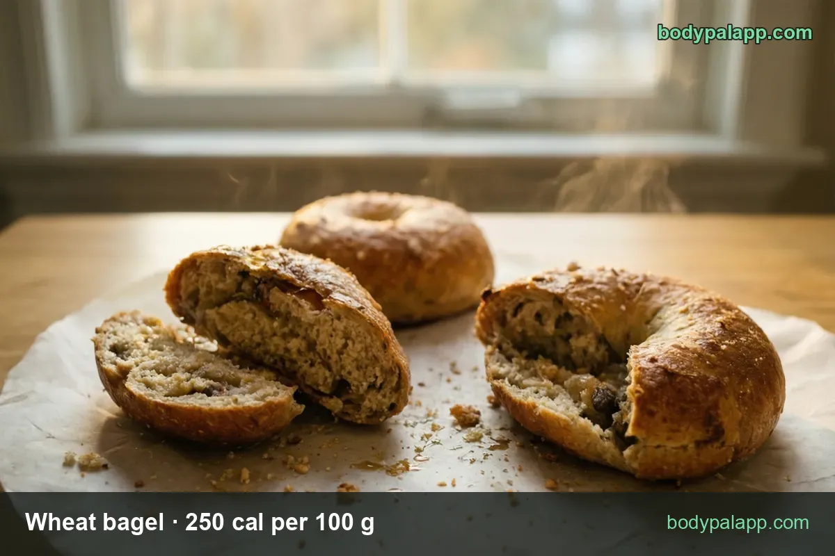 Whole wheat bagel and a halved one on parchment, chips reading 1 regular bagel 105 g 263 cal and 1 small bagel 69 g 173 cal
