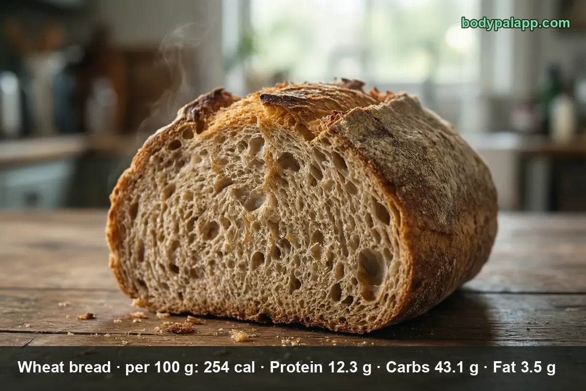 Rustic whole wheat loaf cut open, close-up of the airy crumb and crisp crust