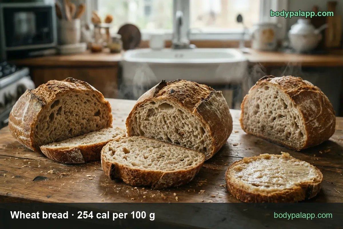 Three rustic wheat loaves with cut ends and two slices, one buttered; medium slice 36 g is 91 calories, large slice 43 g is 109