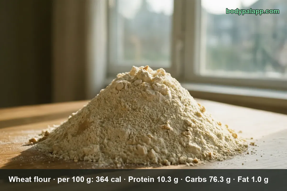 Heap of coarse, bran-flecked wheat flour on a wooden table
