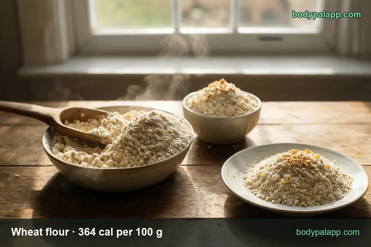Bowl of wheat flour with a wooden scoop, a small bowl and a plate of flour topped with golden bran flakes; 1 cup 455 cal, 1/4 cup 114 cal
