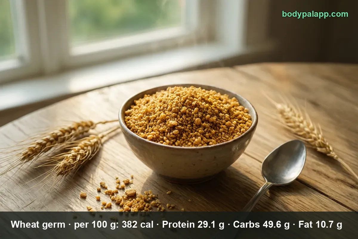 Bowl of coarse golden wheat germ with a spoon in it and wheat ears beside it on a wooden table.