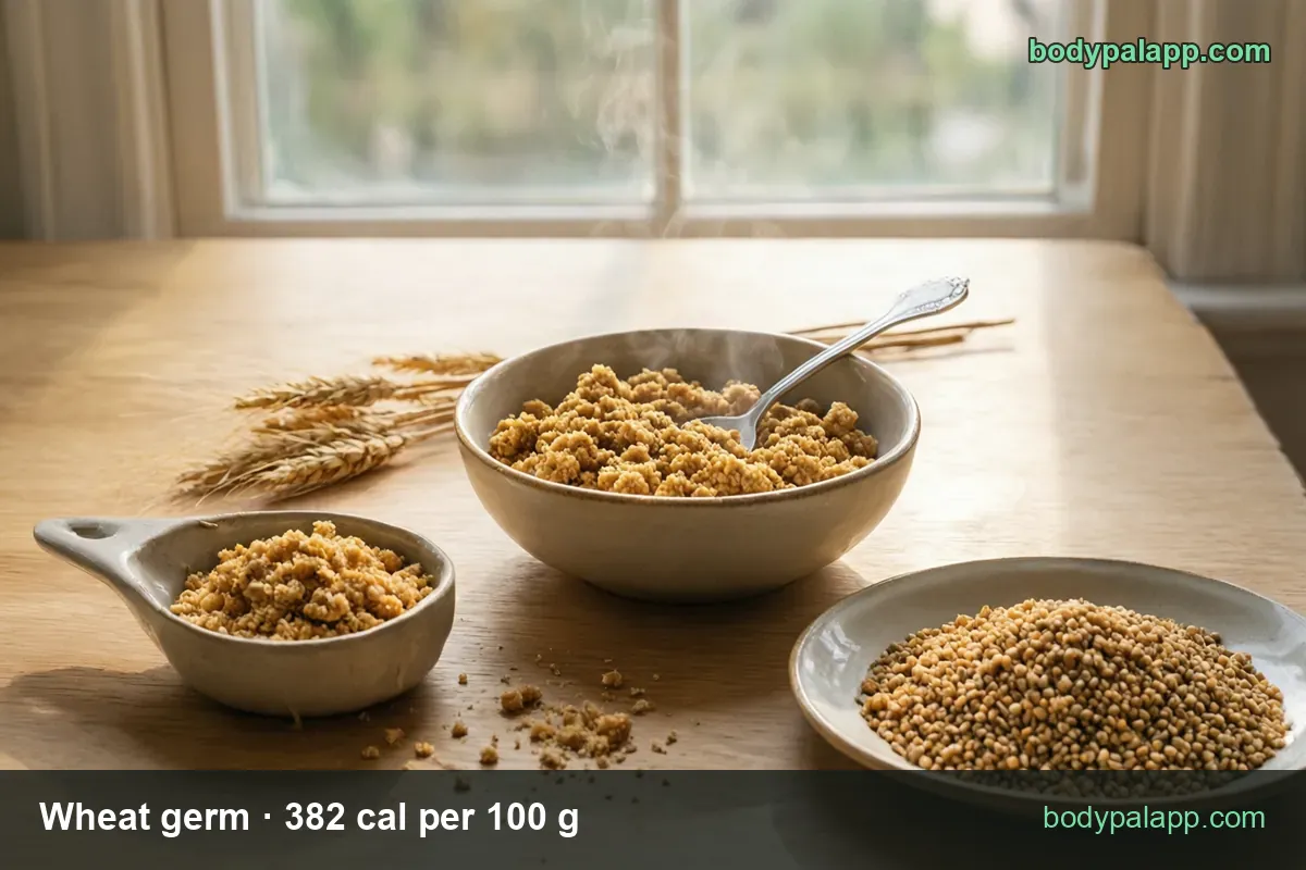 Bowl of wheat germ with a spoon, a heaped measuring cup and a plate of whole wheat grains: 2 Tbsp 15 g and 1/4 cup 28 g.