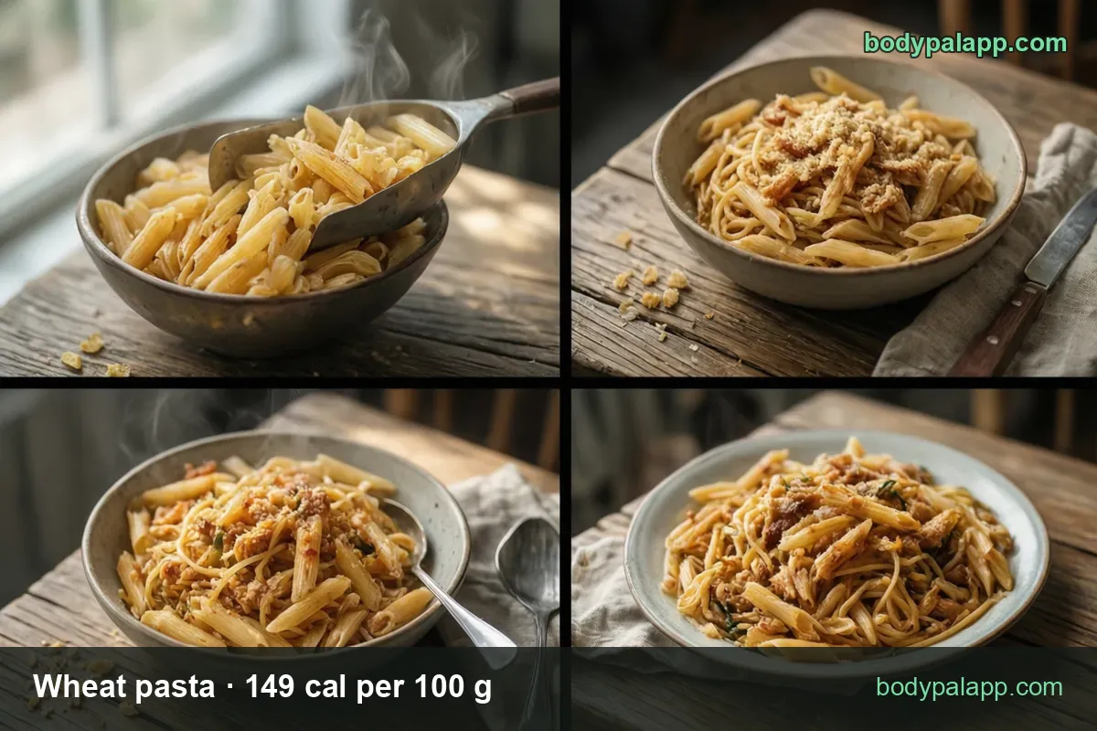 Bowls of cooked penne with sauce and grated parmesan, labeled 1 cup penne (97 g) 145 cal and 1 cup spaghetti (117 g) 174 cal