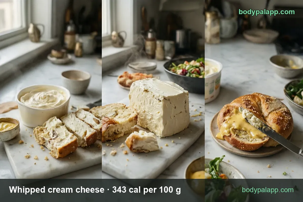 Whipped cream cheese tub, bread slices spread with it and a bagel with a knife; 2 Tbsp (23 g) 79 cal and 1 oz (28.35 g) 97 cal