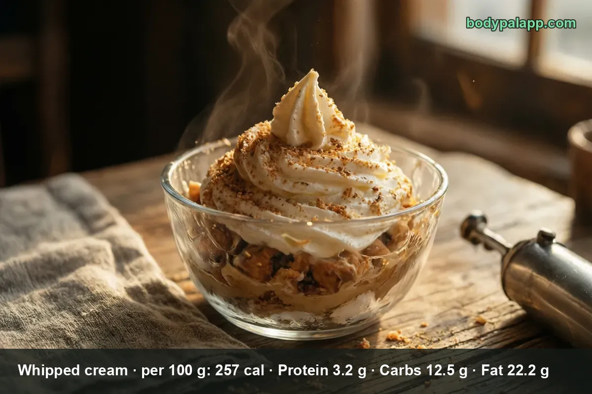 Tall swirl of whipped cream with a sugar and cinnamon dusting on a dessert in a glass bowl, with an ice cream scoop beside it
