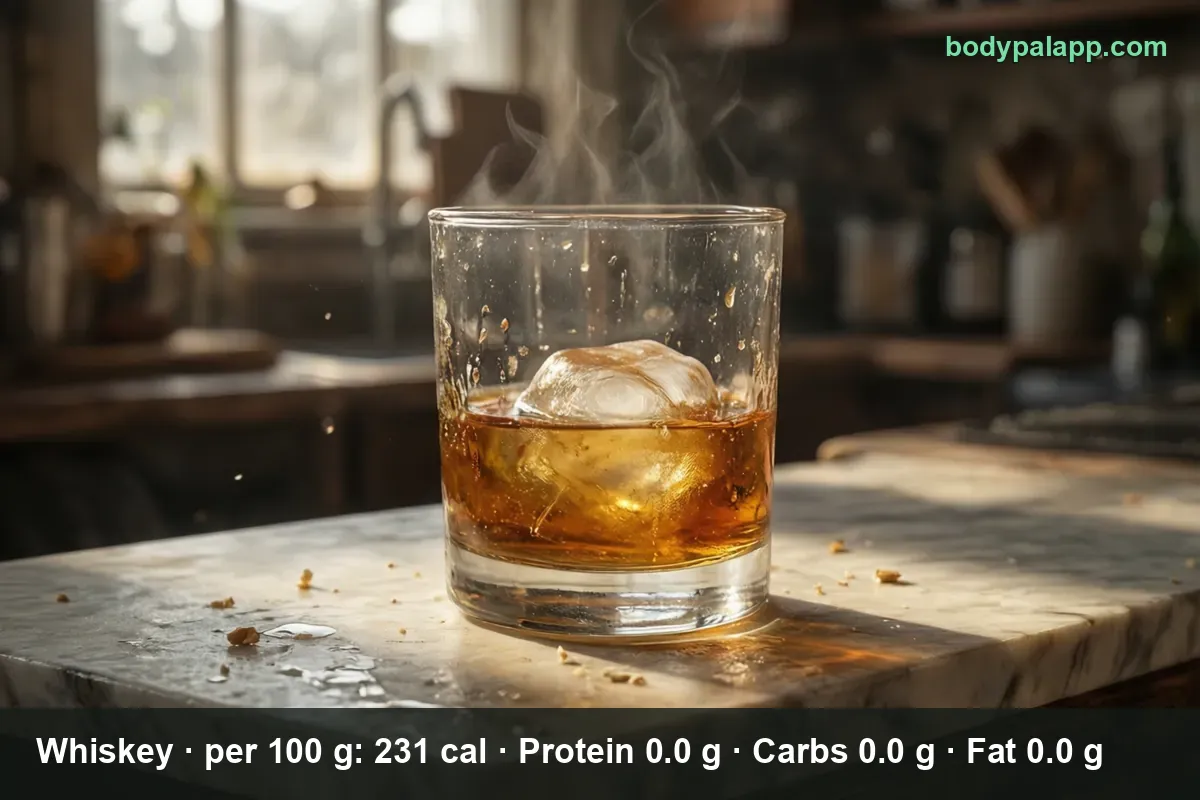 Glass of whiskey with a large ice cube on a marble countertop, a 1.5 fl oz shot of about 97 calories
