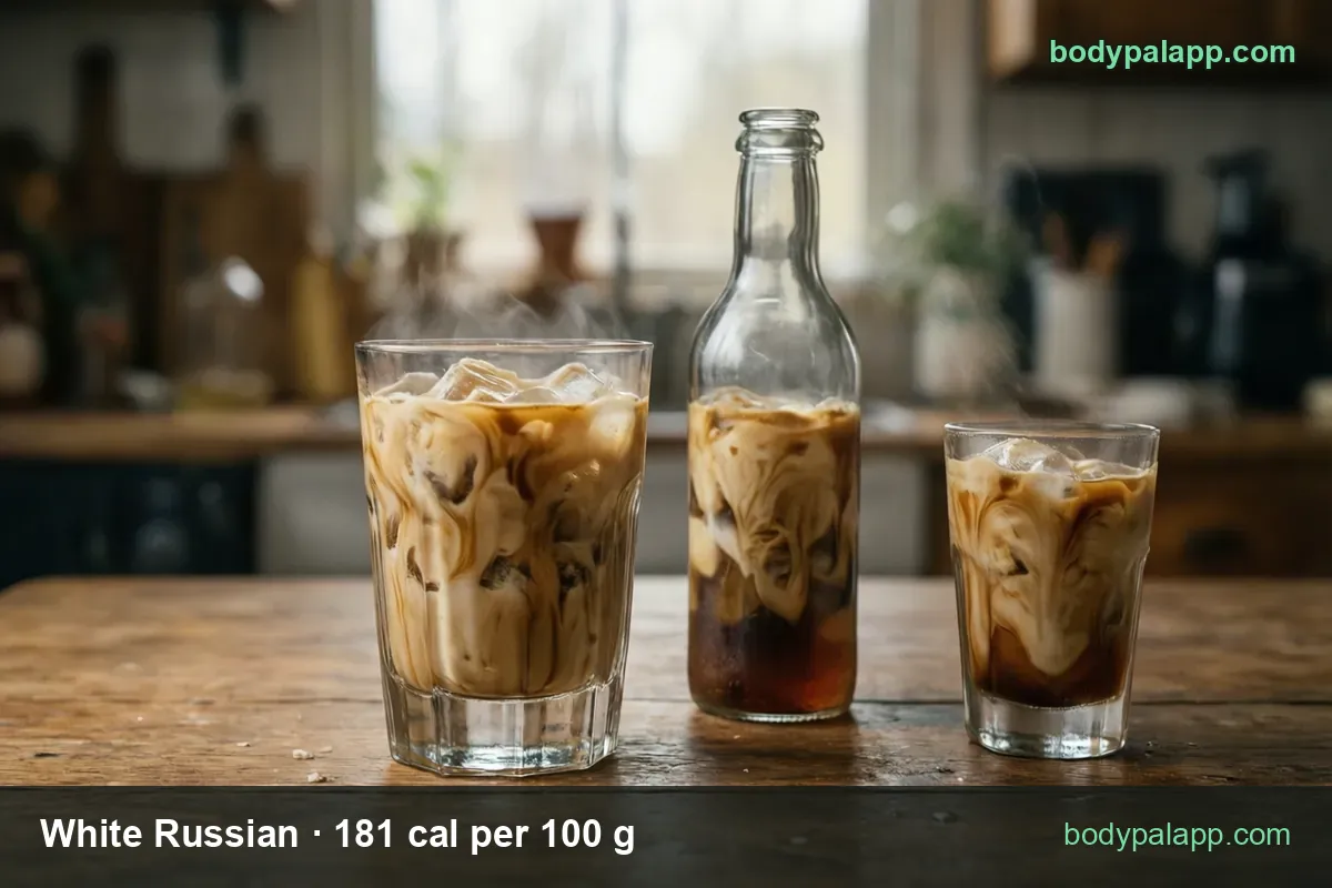 White Russian in a tall iced glass, an unlabeled bottle and a small single-serving glass; 1 drink (225 g) 407 cal, 1 fl oz (30 g) 54 cal