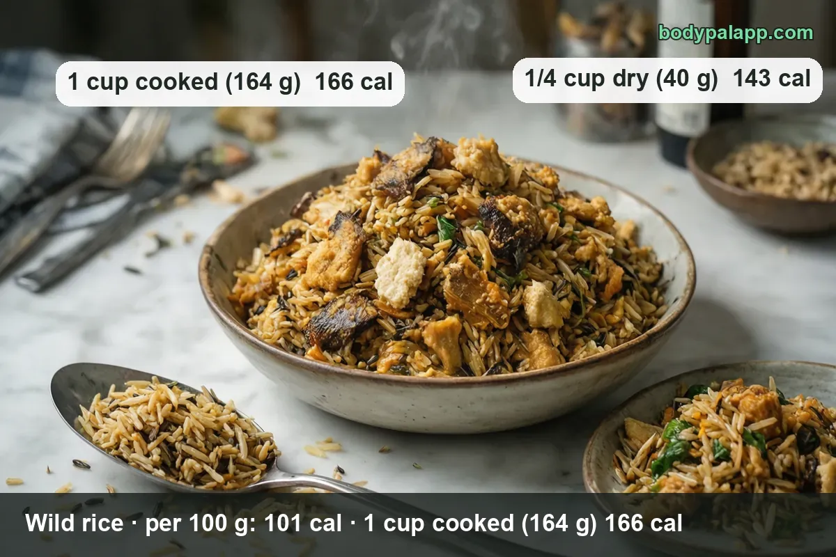 Bowl of wild rice pilaf with mushrooms and vegetables, a side plate of the same and a spoon of cooked grains