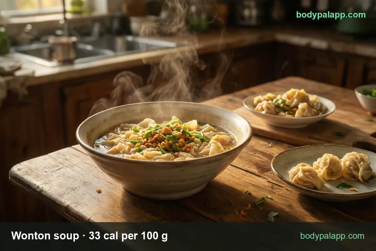 Wonton soup with pork wontons and scallions, three raw folded wontons beside it: 1 cup (245 g) 81 cal, bowl (368 g) 121 cal.