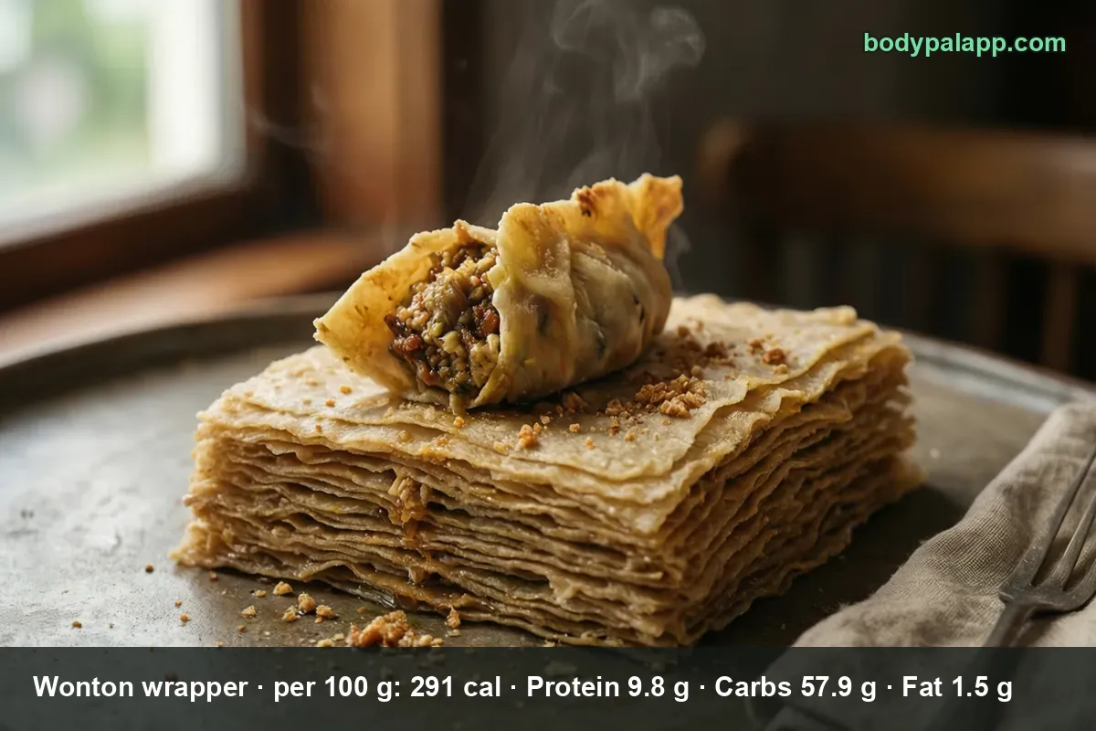 Tall stack of thin wonton wrappers with one filled rolled wonton on top