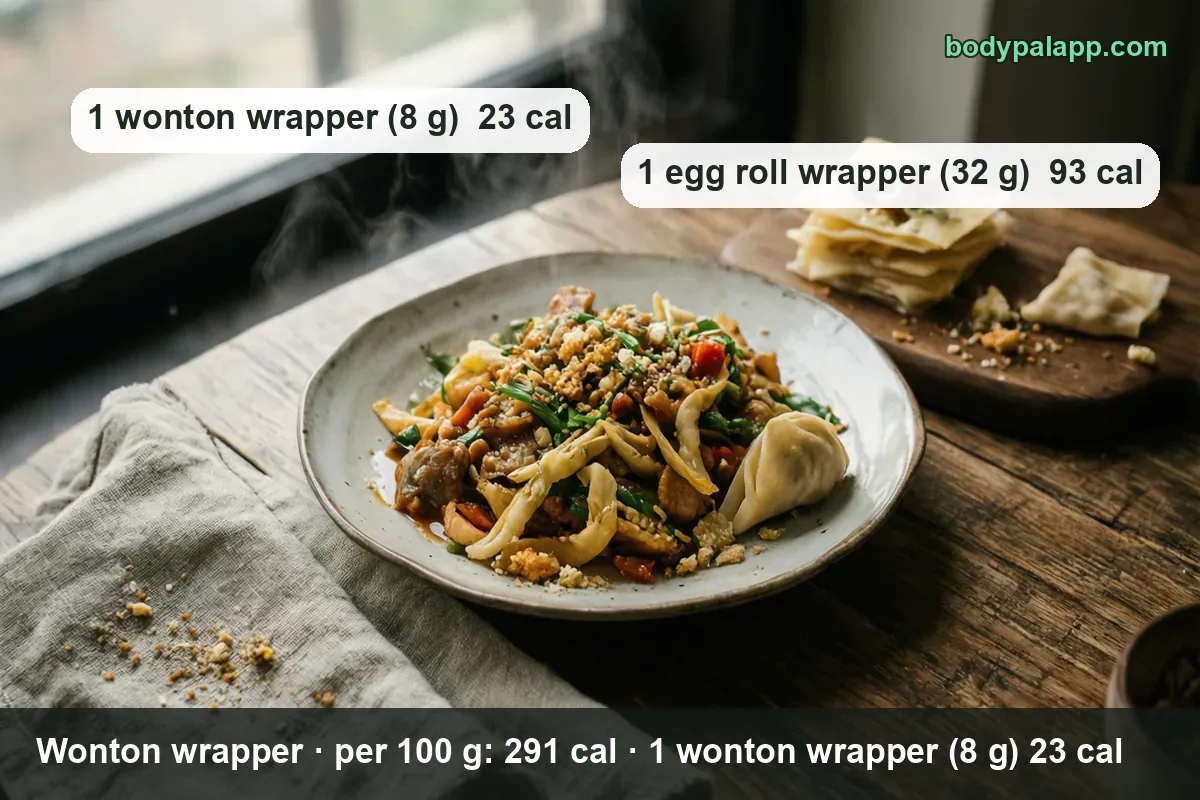 Square wonton wrappers with filling on a board next to a plated wrapper dish: 1 wrapper (8 g) 23 cal, 1 egg roll wrapper (32 g) 93 cal