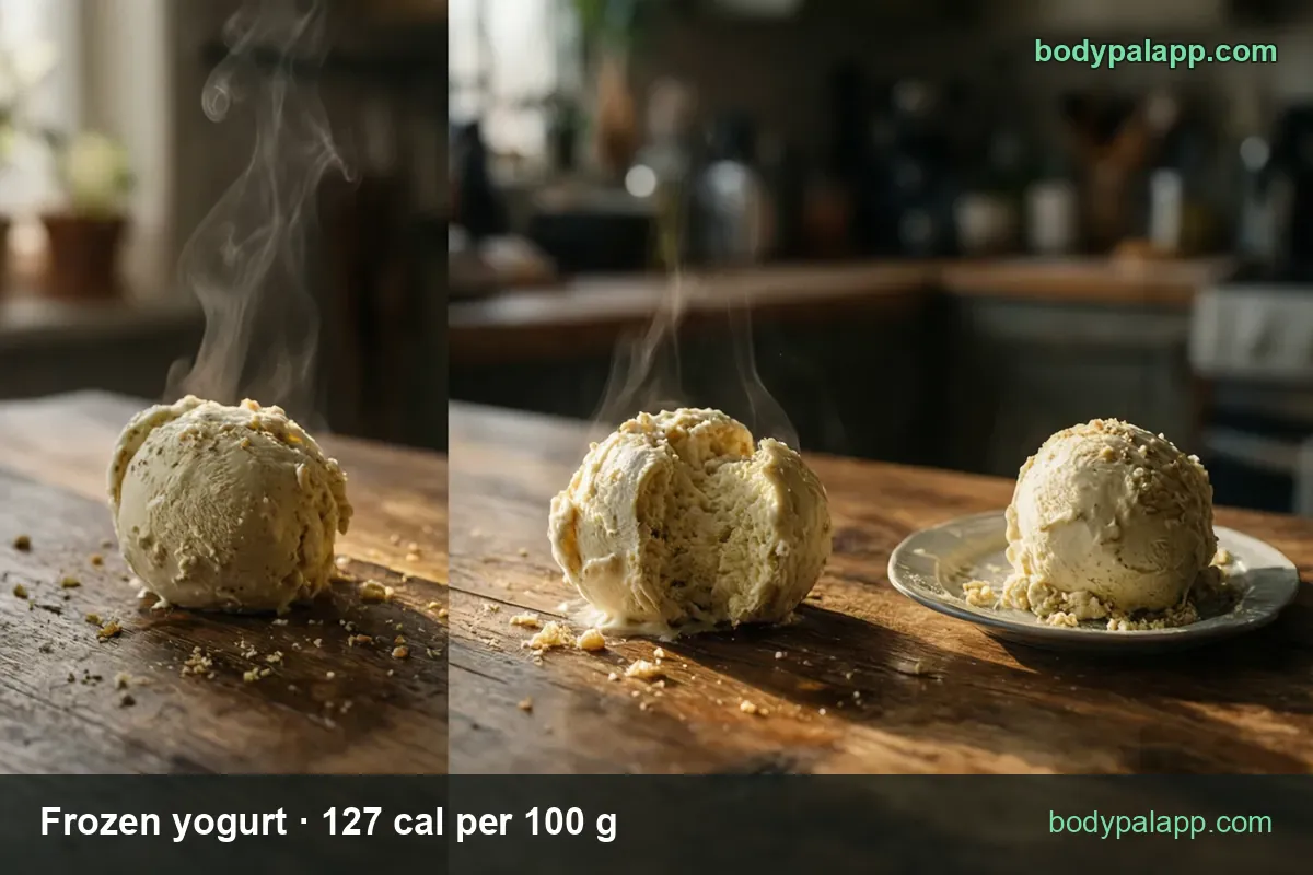 Single scoop of frozen yogurt with granola pieces on a wooden table, chips reading 1 scoop 160 g 203 cal and 1 cup 175 g 222 cal