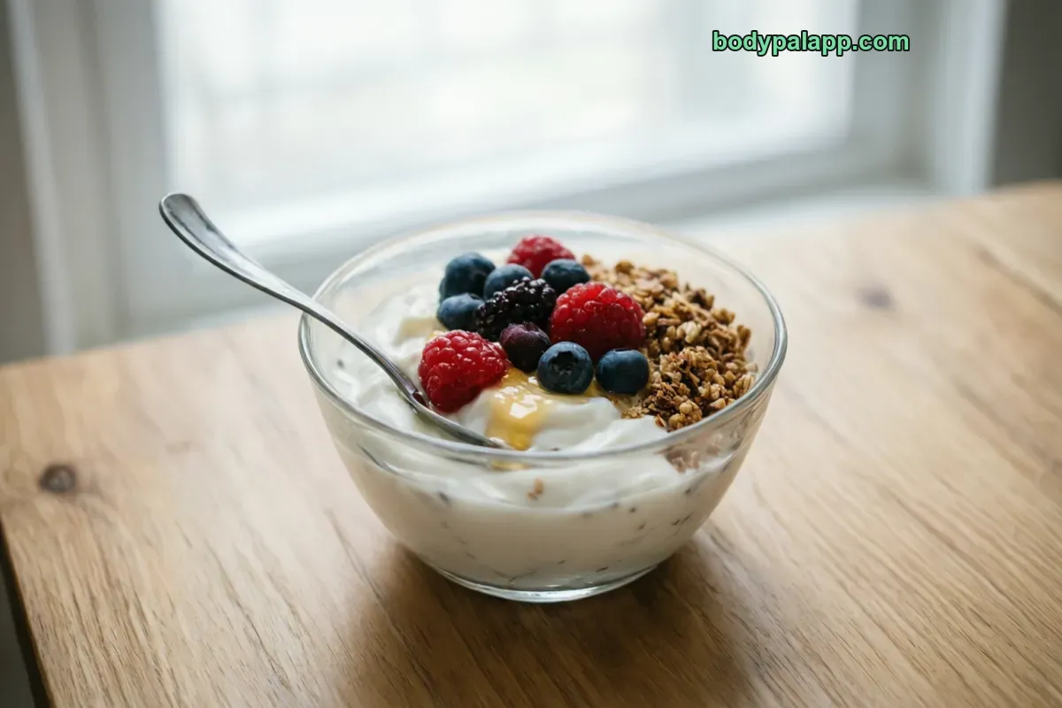 Yogurt with topping, packaged, per label