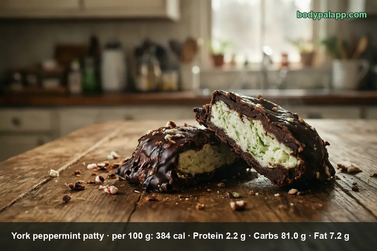 Two halves of a chocolate-coated peppermint patty, glossy dark shell and pale green mint filling